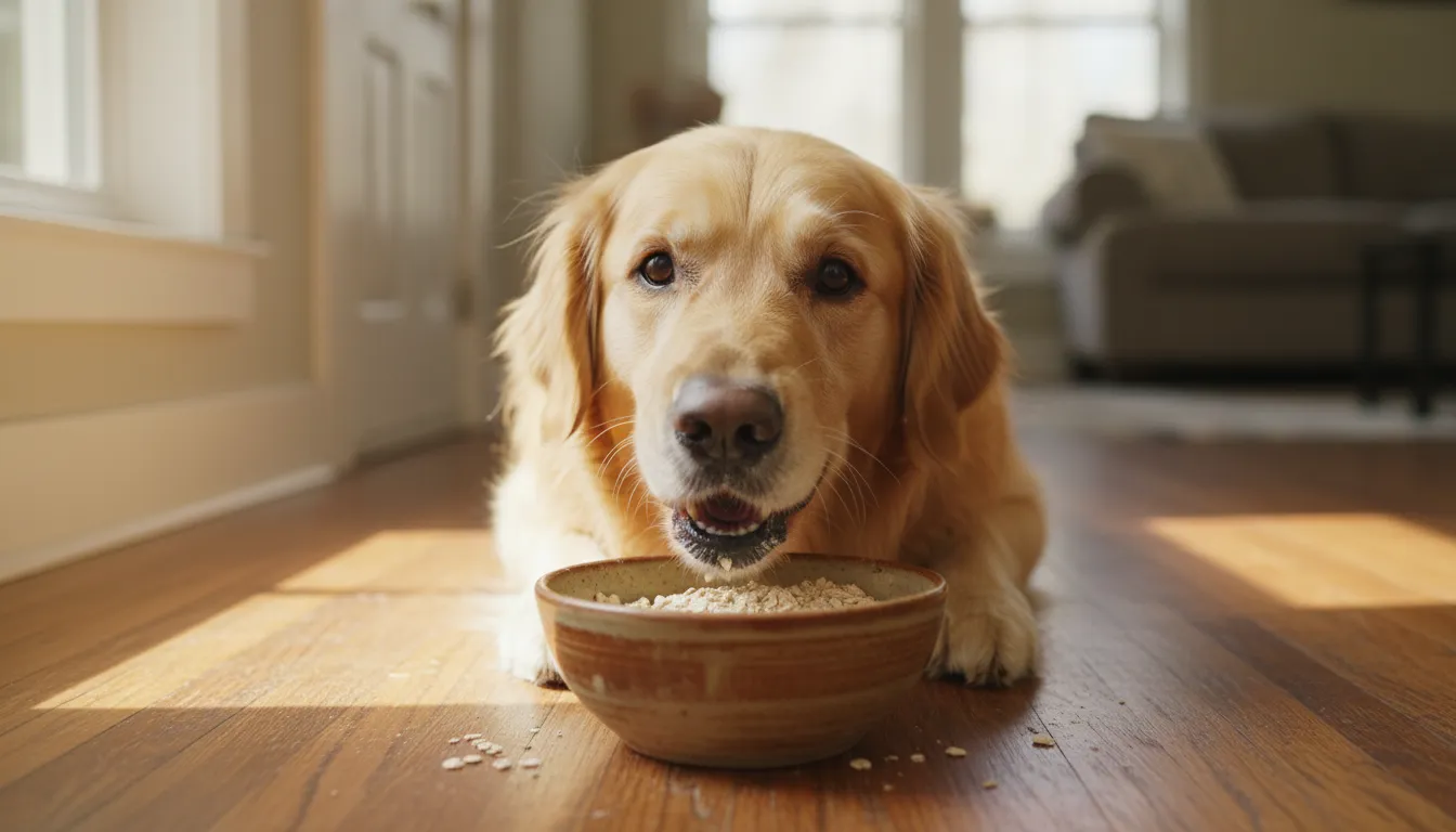 Cachorro da raça Golden Retriever comendo aveia em uma tigela de cerâmica no chão