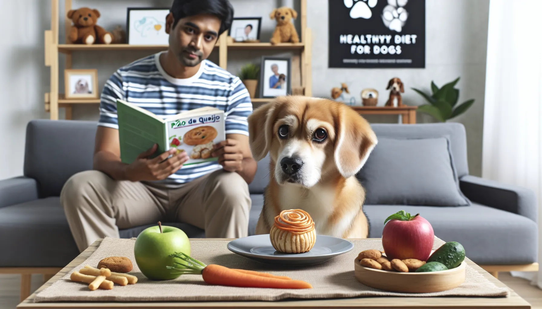 Um cachorro adorável sentado ao lado de um prato com um pequeno pedaço de pão de queijo, olhando curiosamente para ele. Ao redor do cachorro, há petiscos saudáveis como cenouras, fatias de maçã e petiscos caseiros para pets. Ao fundo, um dono de pet carinhoso está lendo um livro intitulado 'Dieta Saudável para Cães' e um pôster de veterinário é visível na parede, enfatizando uma dieta equilibrada para pets.