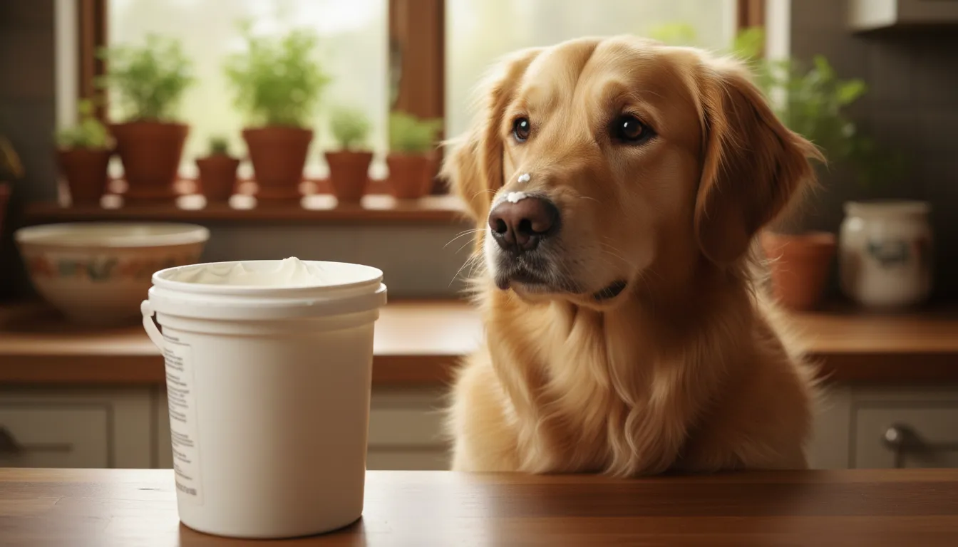 Cachorro da raça golden retriever senta ao lado de um pote de creme de leite em uma bancada de cozinha, olhando com curiosidade.