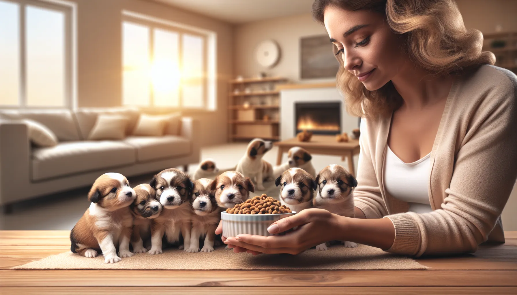 Um cuidadoso dono de animais oferecendo gentilmente uma pequena tigela de comida pastosa para um grupo de filhotes curiosos e brincalhões, com cerca de 3 a 4 semanas de idade. O fundo apresenta um ambiente interno aconchegante e seguro, com iluminação suave, destacando a atmosfera de carinho. Os filhotes parecem saudáveis e vibrantes, mostrando interesse na comida enquanto ainda estão próximos da mãe, enfatizando a transição do leite para a comida sólida.