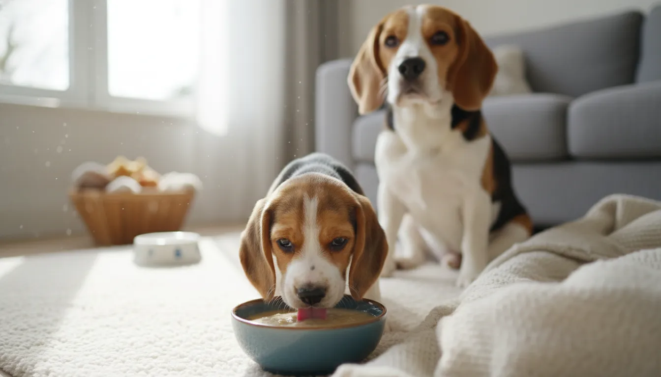 Filhote de cachorro beagle comendo papinha em um pote, com a mãe por perto, simbolizando a transição alimentar.