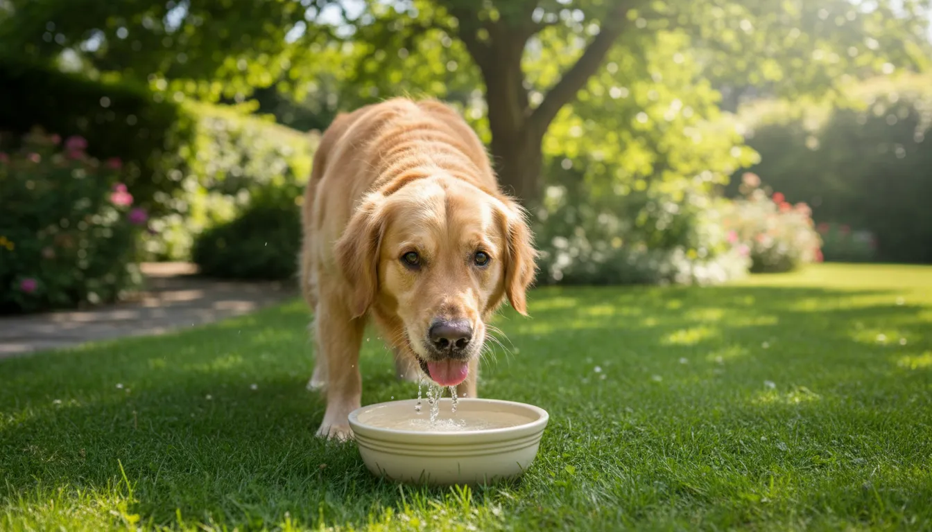 Cachorro da raça golden retriever bebendo água fresca de uma tigela em um dia ensolarado.