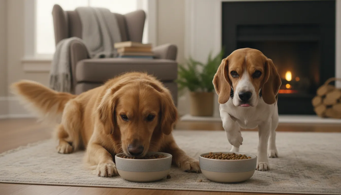 Golden retriever e beagle comendo juntos em potes, destacando a preocupação com cachorro comendo pouco.