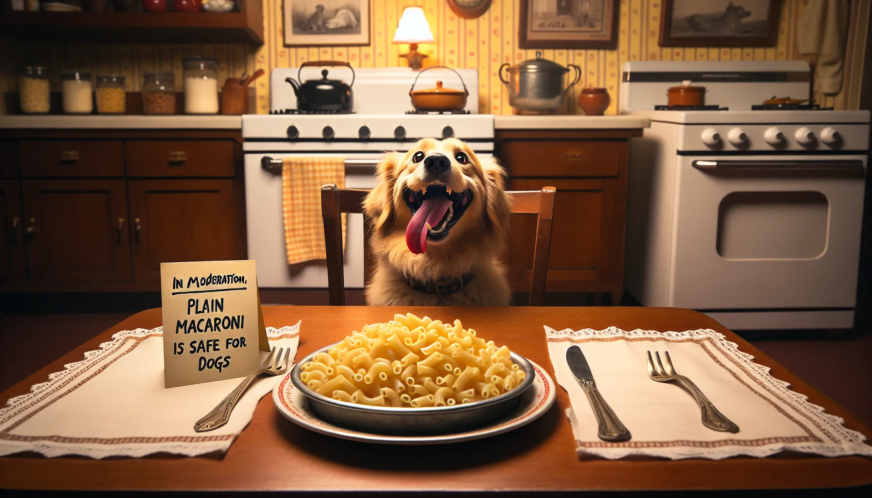 Cão feliz sentado à mesa de jantar com um prato pequeno de macarrão cozido e simples à sua frente. O fundo mostra uma cozinha acolhedora, e o cão tem uma expressão curiosa e empolgada, como se estivesse prestes a desfrutar da iguaria. Há uma nota ao lado do prato que diz "Com moderação, macarrão simples é seguro para cães.".