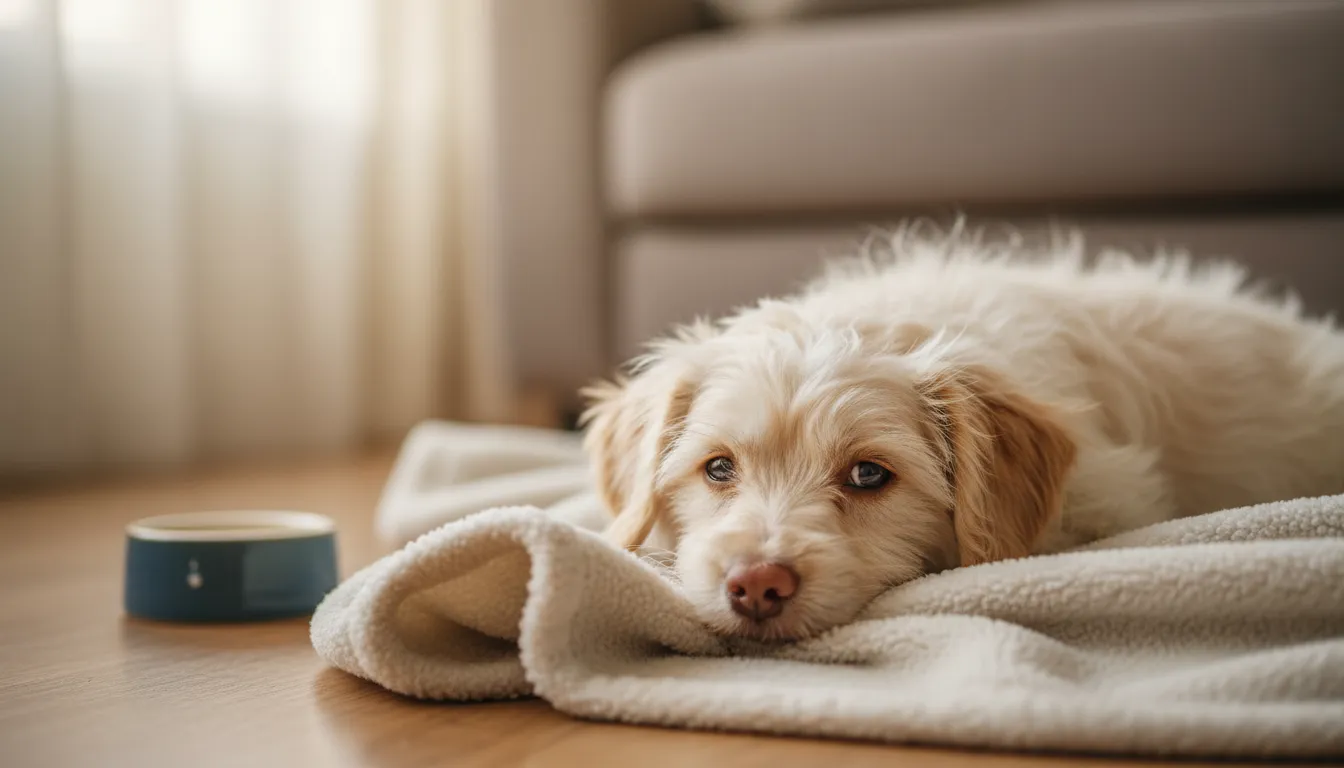 Filhote de cachorro de raça mista deitado em uma manta macia, parecendo um pouco indisposto, com uma tigela de água por perto, simbolizando um filhote de cachorro com diarreia.
