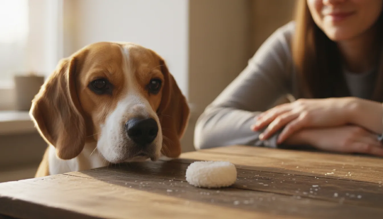 Um cachorro beagle olhando curiosamente para um pedaço de cocada em uma mesa de madeira, com uma expressão pidona, enquanto o tutor o observa.
