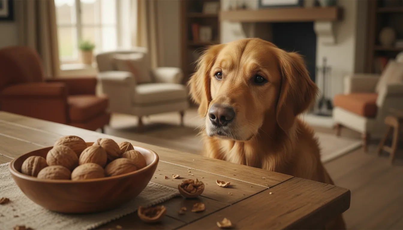 Um cachorro da raça Golden Retriever olhando curiosamente para uma tigela de nozes em uma mesa de madeira, com iluminação suave.
