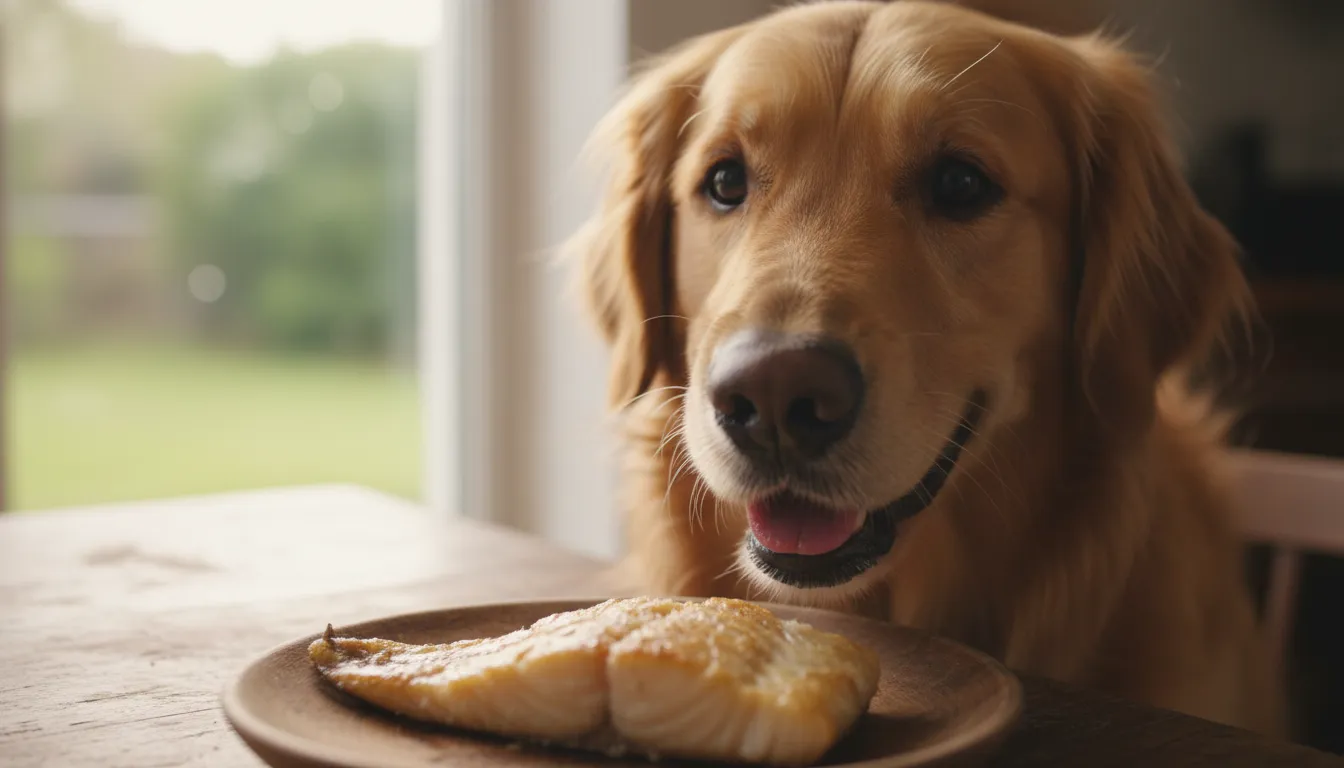 Cachorro golden retriever farejando um pedaço de bacalhau cozido, com uma expressão curiosa e feliz.