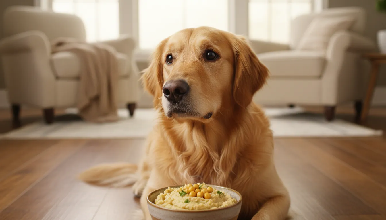 Um cachorro feliz, da raça golden retriever, olhando para um pequeno pote com grão de bico cozido e amassado, com uma expressão curiosa e alegre.