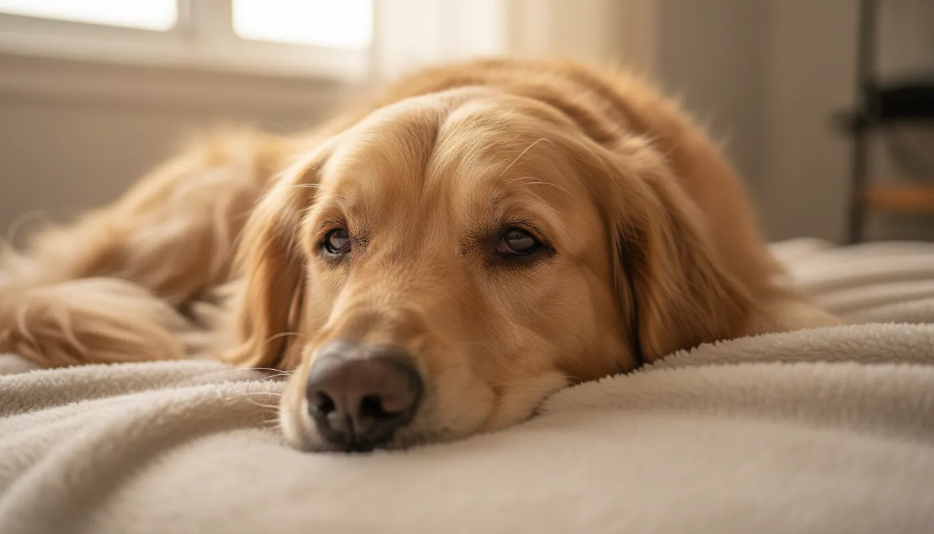 Cachorro golden retriever com febre, deitado letárgico, com foco nos olhos e focinho secos.