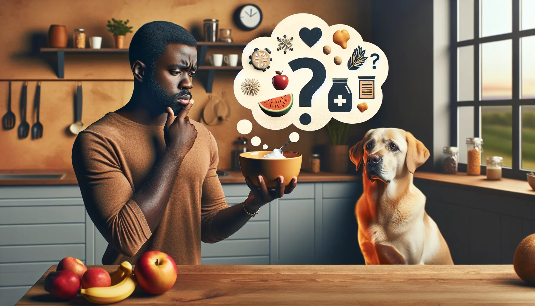 Dono preocupado segurando uma tigela de creme, ponderando se deve dar ao seu cachorro, em uma cozinha aconchegante com o cachorro sentado por perto, parecendo curioso. No balcão, há frutas e vegetais como alternativas saudáveis para o cachorro. Acima da cabeça do dono, há um balão de pensamento com símbolos de 'interrogação' e 'preocupações de saúde' para enfatizar o dilema.