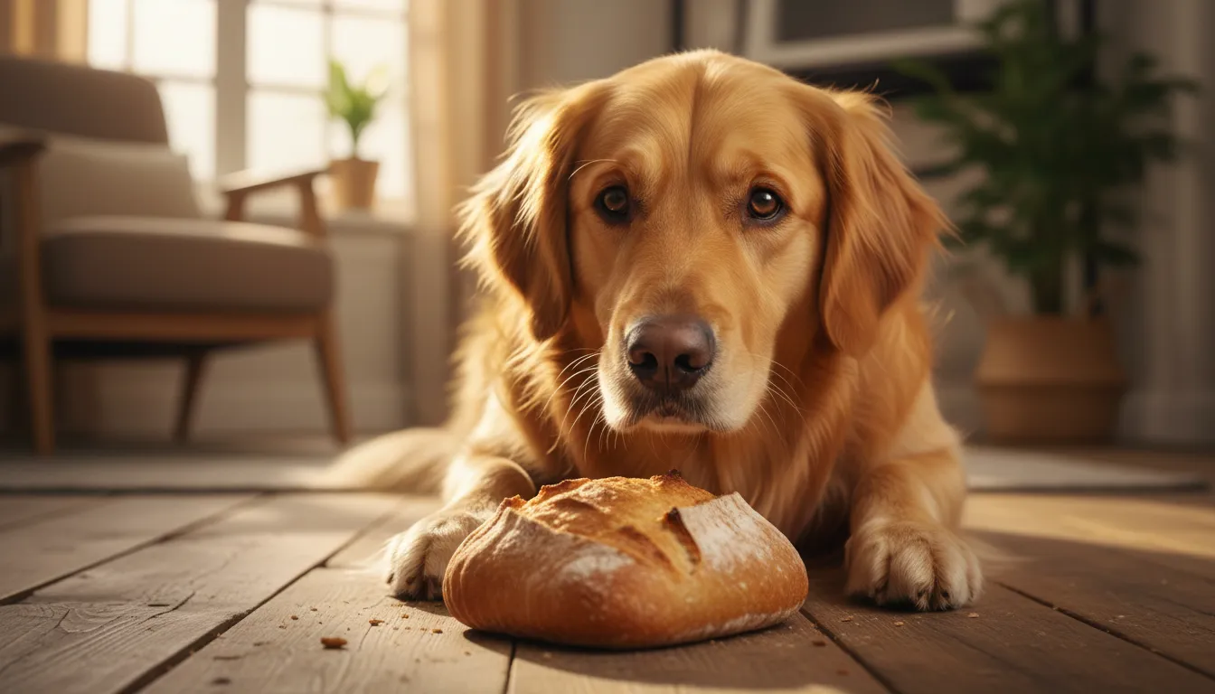 Um cachorro da raça golden retriever curioso olhando para um pedaço de pão no chão, com uma expressão atenciosa e uma luz suave iluminando a cena, destacando a textura do pão e o pelo macio do cachorro.