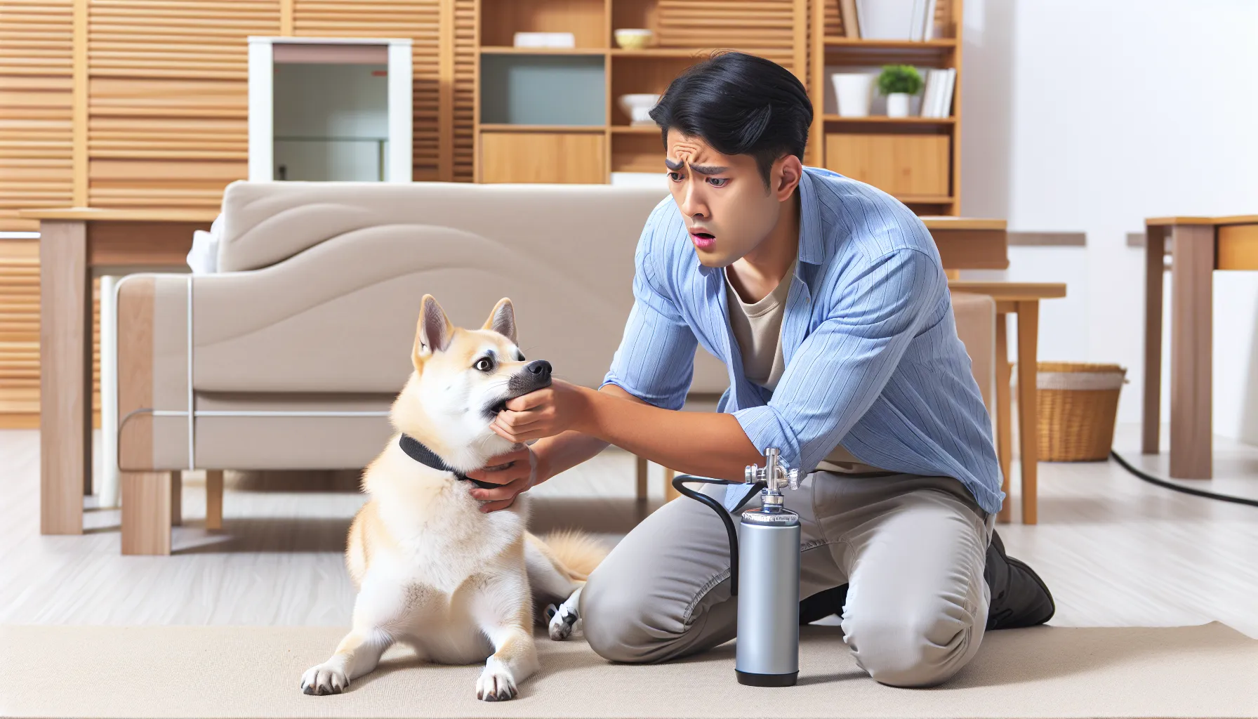 Imagem de um dono de animal de estimação preocupado com seu cachorro de porte médio que parece estar engasgado. A cena está ambientada em um ambiente doméstico. O fundo inclui itens típicos de uma casa, como um sofá e uma mesa de jantar, para enfatizar a urgência e a natureza cotidiana da situação.