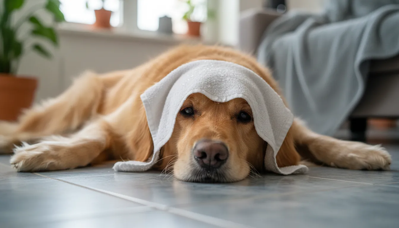 Cachorro golden retriever deitado no chão com um pano úmido na cabeça, parecendo doente, simbolizando um cachorro com febre.