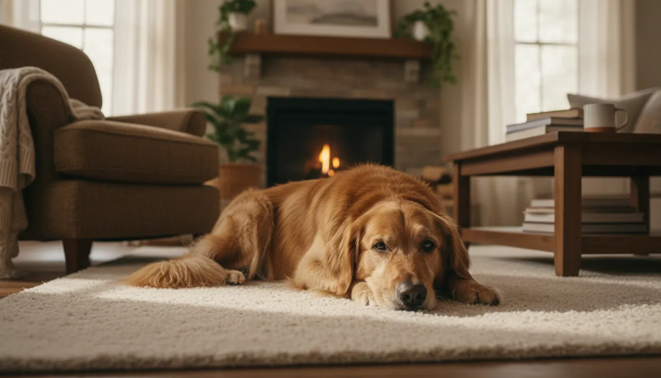 Cachorro golden retriever com gases deitado confortavelmente em um tapete, com expressão suave e relaxada.