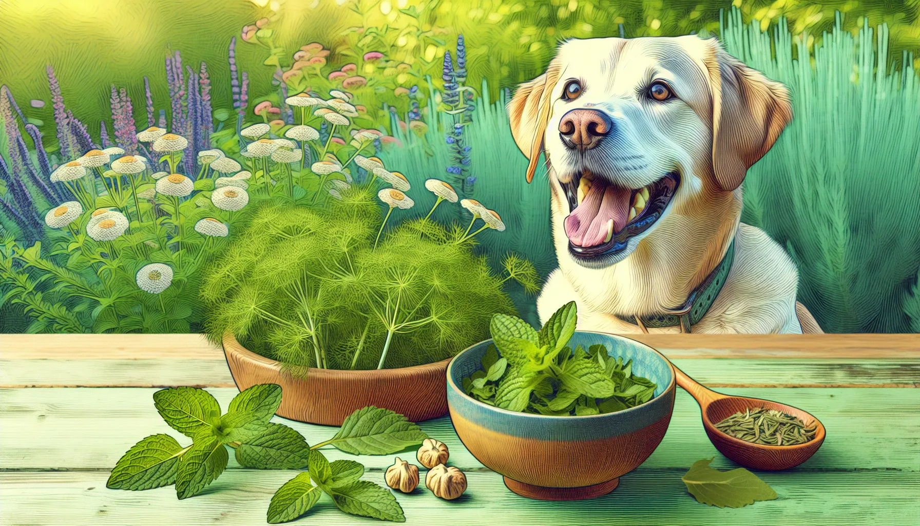 Ilustração de um cachorro feliz ao lado de uma tigela de erva-doce fresca, com outras ervas seguras como hortelã, camomila e alecrim ao fundo. O cenário é um jardim verde e tranquilo, enfatizando o aspecto natural e saudável dessas ervas para cães.