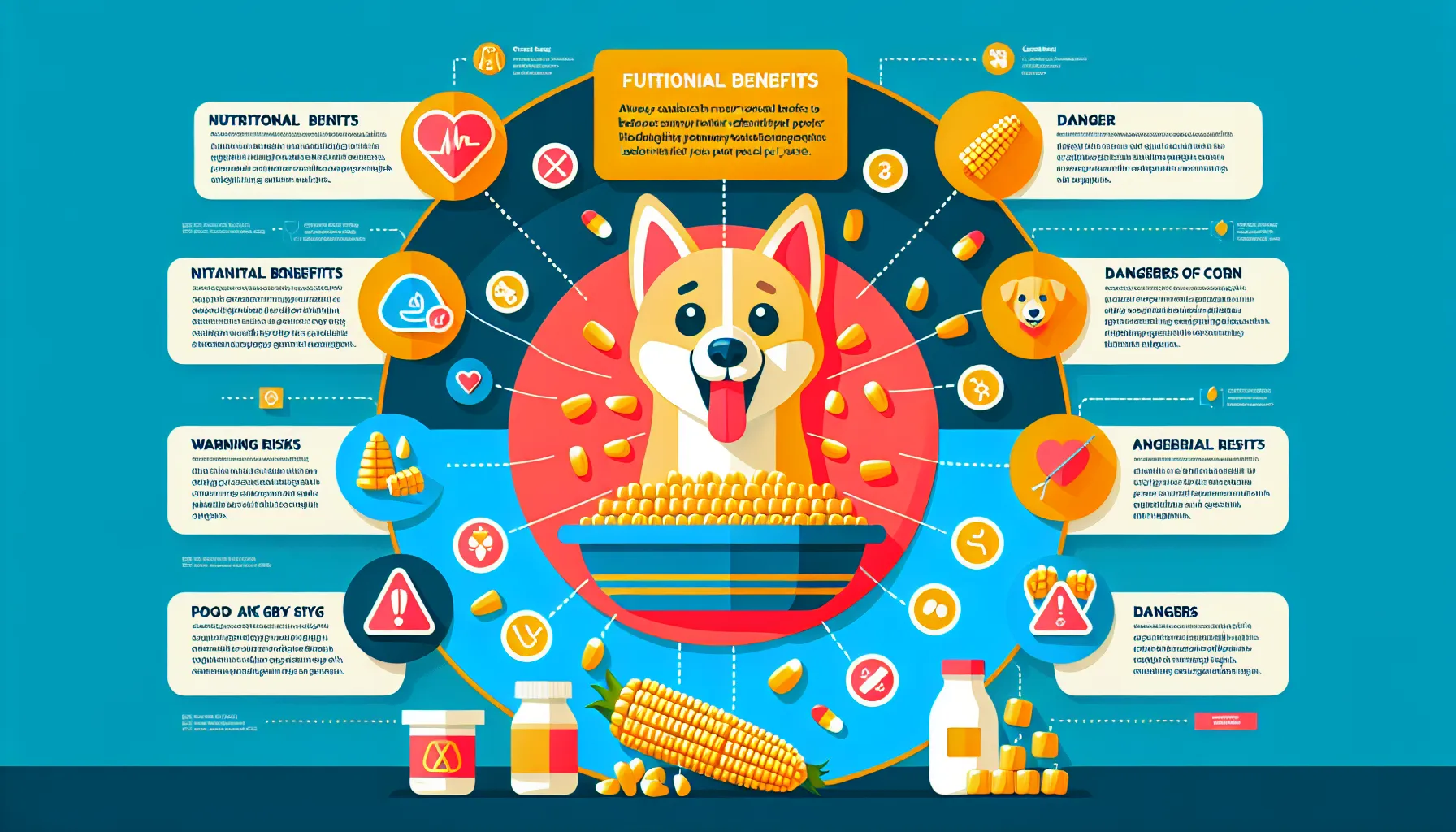 Infográfico mostrando um cachorro feliz comendo grãos de milho cozidos em uma tigela, com ícones representando benefícios nutricionais como vitaminas, minerais e fibras. Inclui sinais de alerta sobre alergias potenciais e riscos de obstrução intestinal causada por espigas de milho, juntamente com um lembrete para consultar um veterinário. O design é limpo, colorido e possui rótulos claros para cada seção.