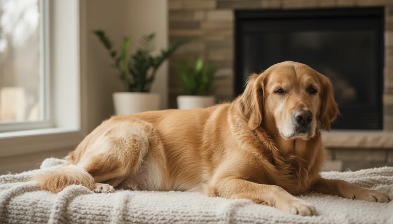 Cachorra grávida da raça golden retriever deitada tranquilamente, com a barriga saliente, em um ambiente caseiro aconchegante, transmitindo calma e cuidado.