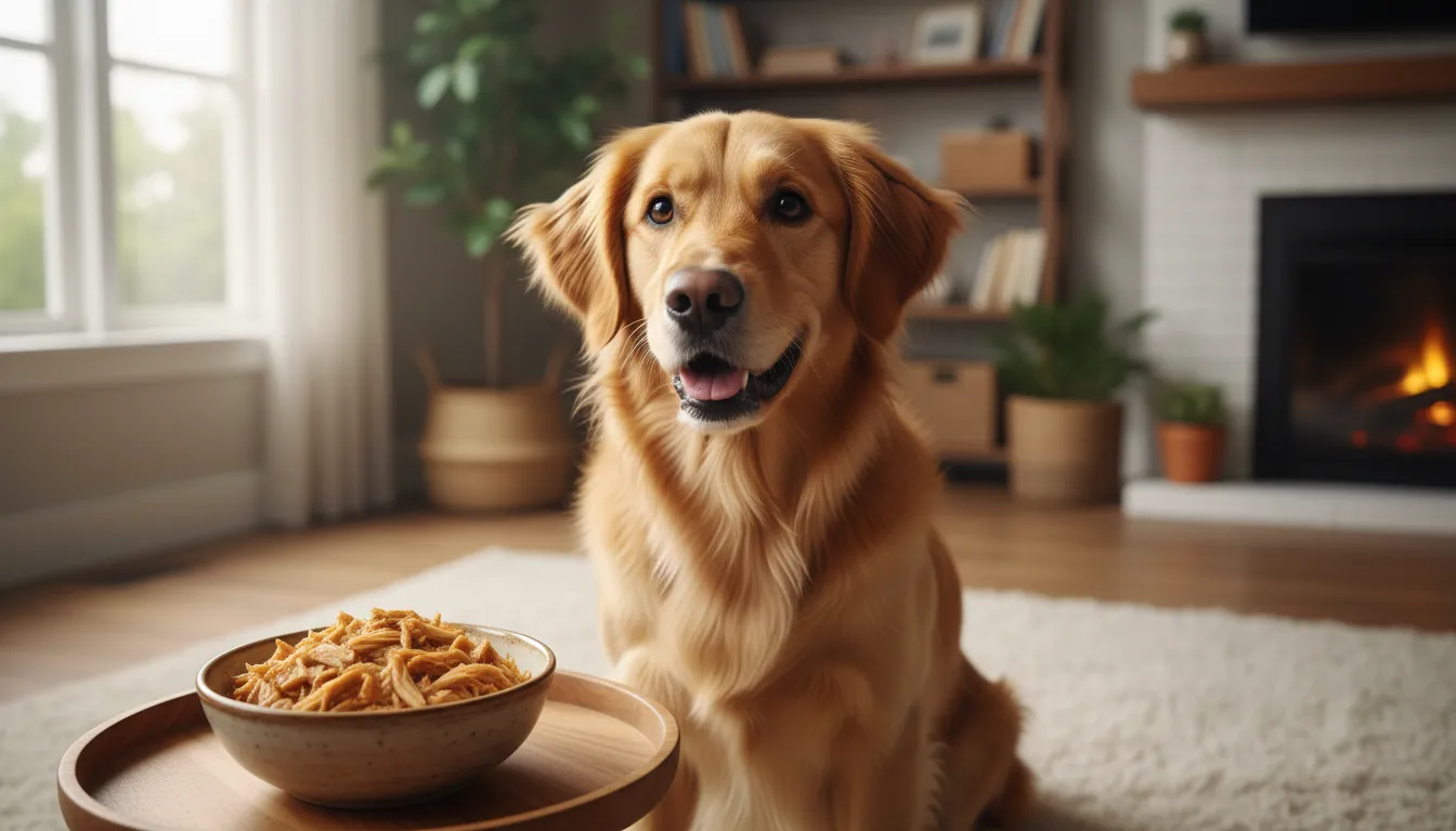 Um cachorro feliz, da raça golden retriever, sentado, olhando para um pedaço de frango cozido e desfiado em uma tigela.