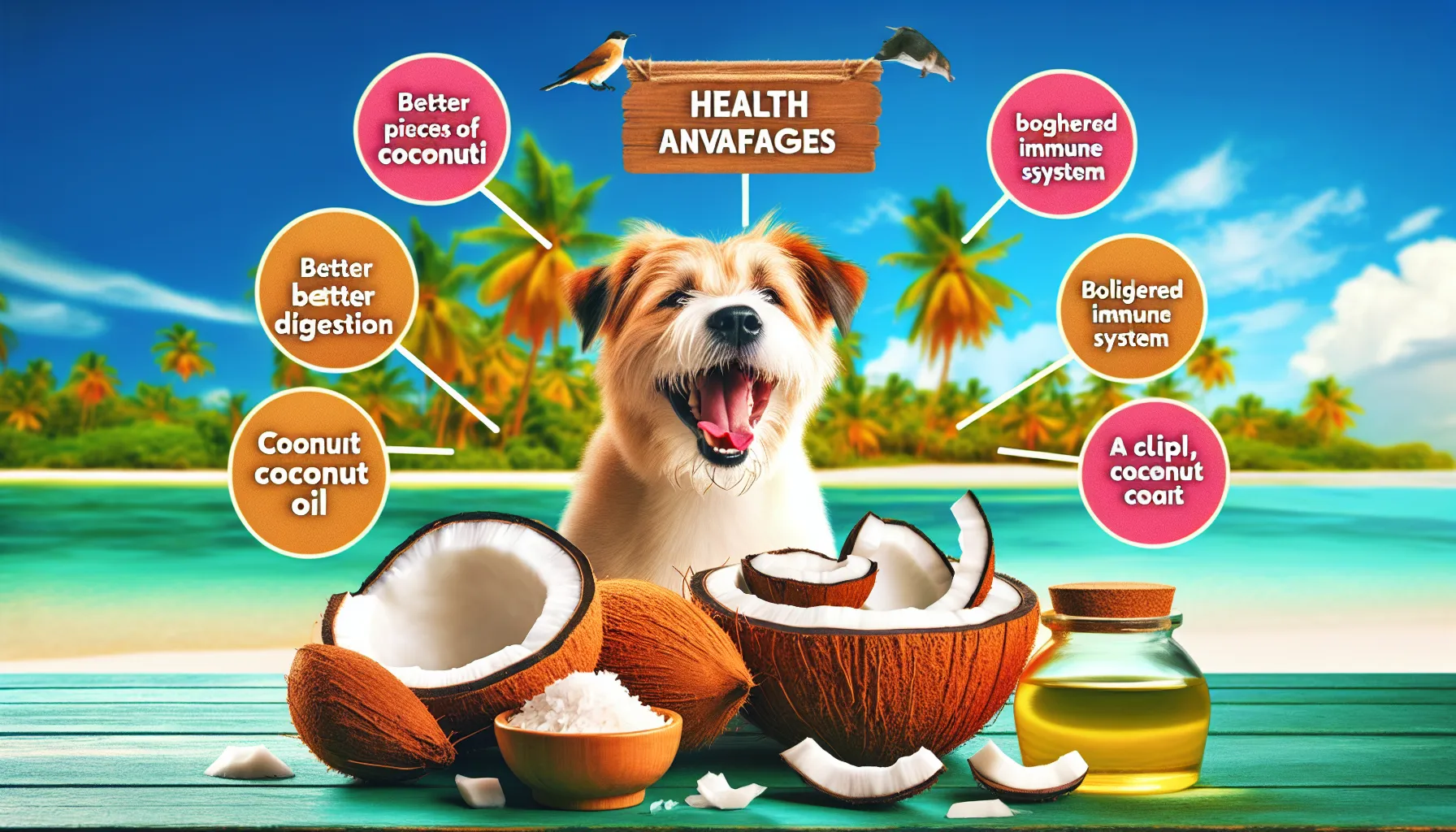 Ilustração de um cachorro feliz aproveitando várias formas de coco, incluindo pedaços de coco fresco, uma pequena tigela de óleo de coco e alguns petiscos caseiros de coco, com um fundo colorido mostrando um cenário tropical com coqueiros. Ícones representando benefícios à saúde, como melhor digestão, sistema imunológico forte e pelagem brilhante, estão destacados.