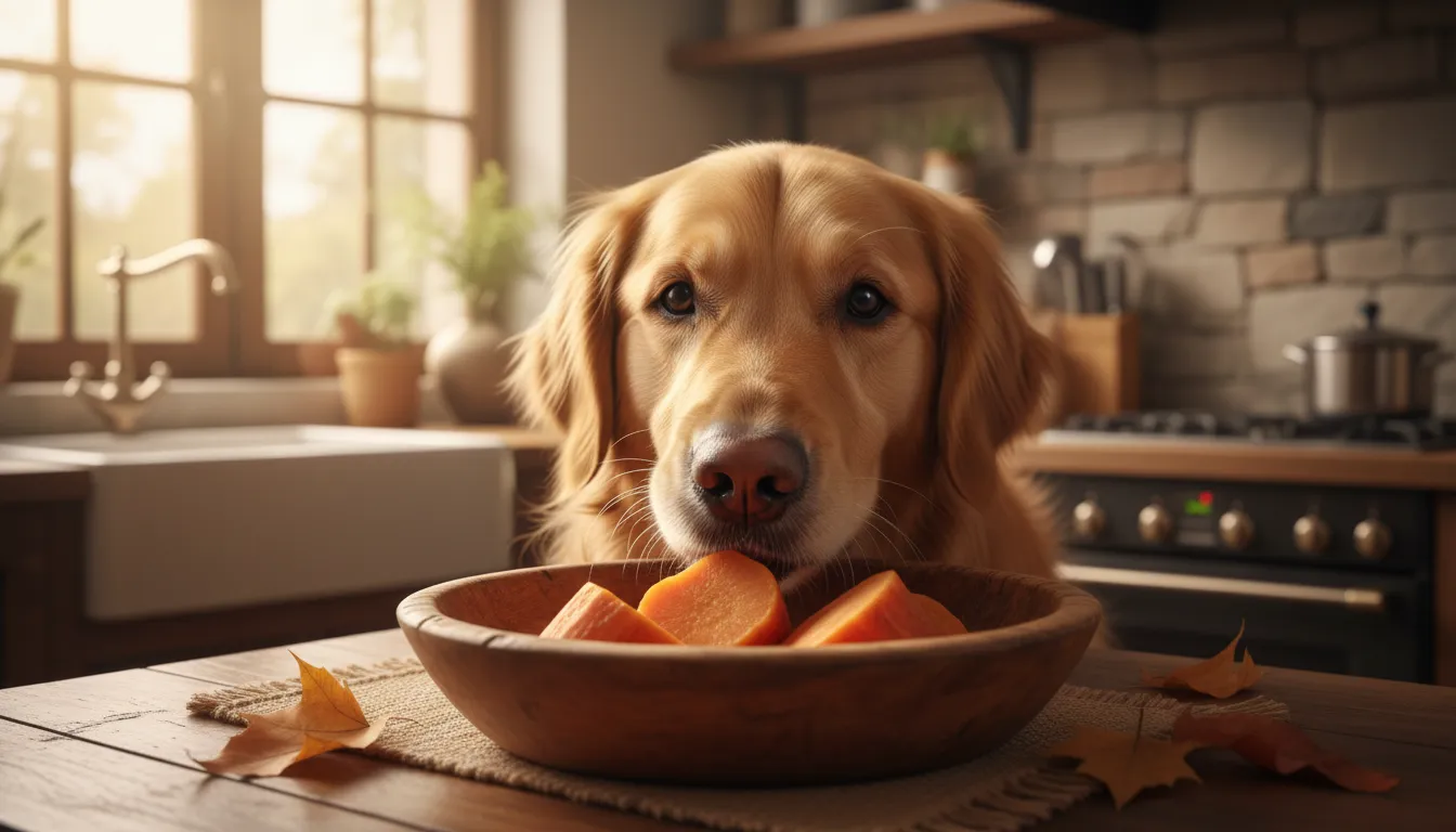 Cachorro da raça Golden Retriever cheirando um pedaço de cará cozido em uma tigela de madeira, com um olhar curioso e feliz.