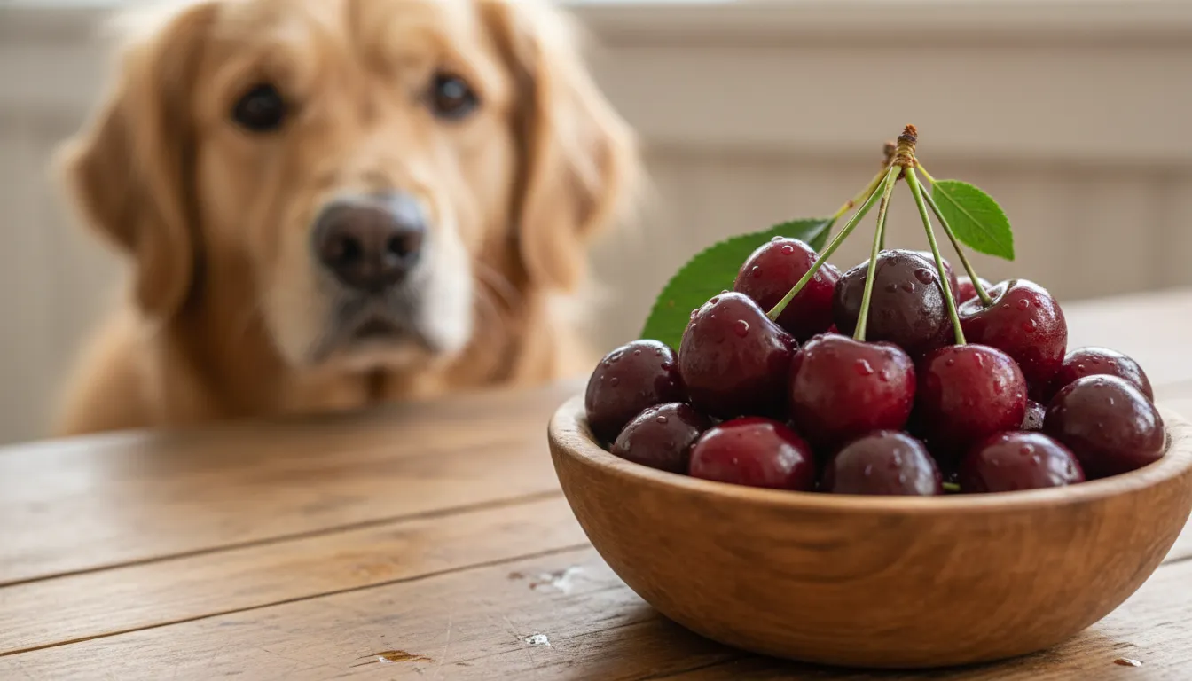 Um cachorro golden retriever curioso olhando para um prato de cerejas frescas em uma mesa de madeira, com foco na fruta.