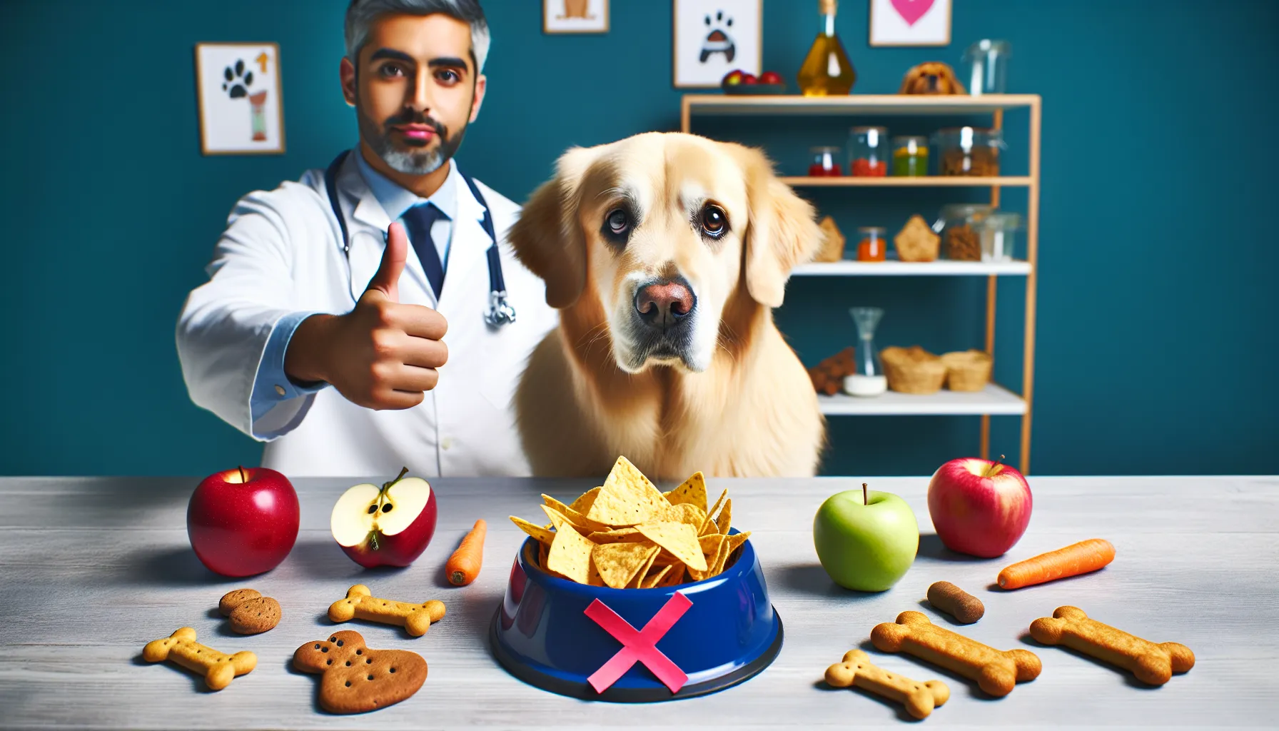 Cão preocupado olhando para uma tigela de Doritos com um símbolo de "X" vermelho sobre a tigela. Ao redor do cão, ícones de petiscos saudáveis como maçãs, cenouras e biscoitos para cães. No fundo, um veterinário dá um sinal de positivo, reforçando a ideia de fazer escolhas alimentares seguras para cães. O tom geral é informativo e cuidadoso.