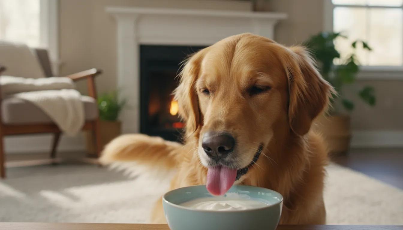 Cachorro da raça golden retriever lambendo um pote de iogurte natural em um cenário doméstico.