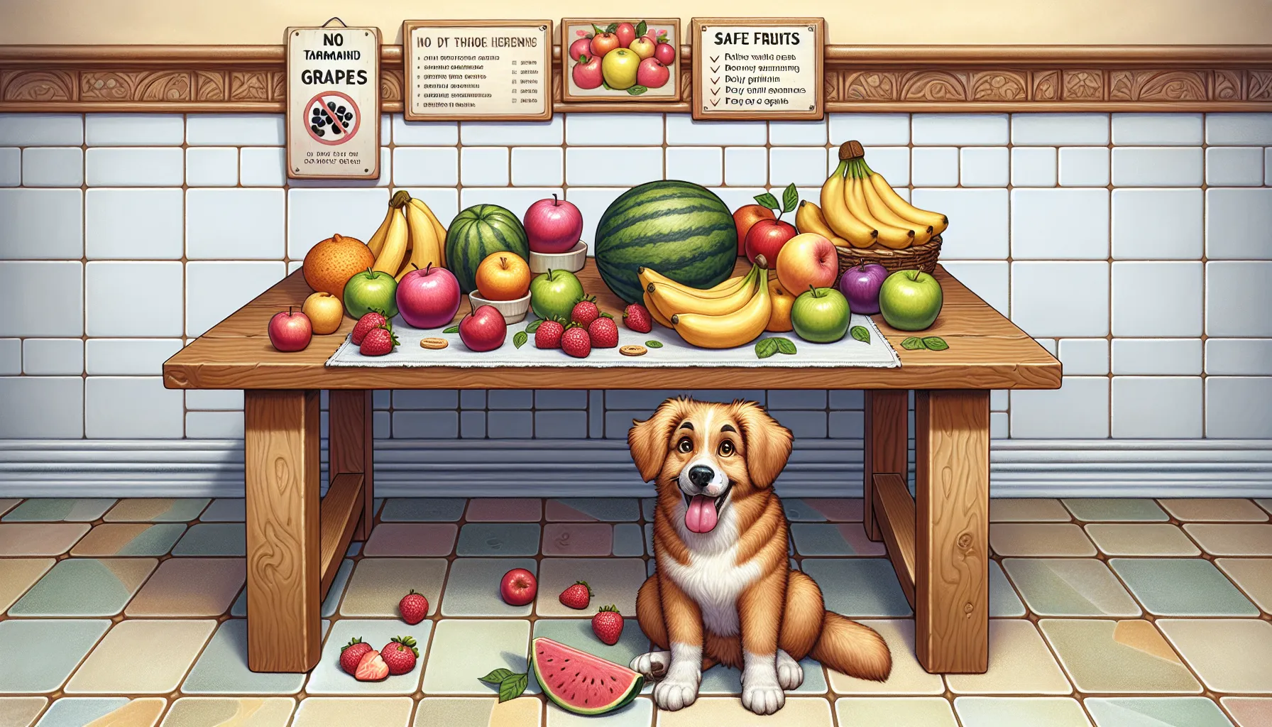 Ilustração de um cachorro feliz sentado em uma cozinha com várias frutas na mesa, incluindo tamarindo, maçãs, bananas, melancia e morangos. O cachorro está olhando curioso, mas contente, com um pequeno pedaço de tamarindo na frente dele. No fundo, há dicas sutis de avisos, como uma placa de "Não Uvas" e uma lista de "Frutas Seguras para Cachorros". A cena geral é informativa e alegre, enfatizando a importância de escolher frutas seguras para a saúde dos cães.