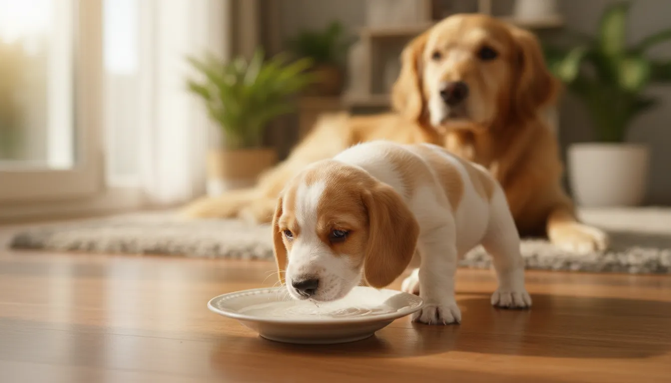 Filhote de cachorro beagle bebendo água de uma tigela rasa, com a mãe golden retriever observando ao fundo, em um ambiente ensolarado. Ilustra a introdução de água para filhotes.