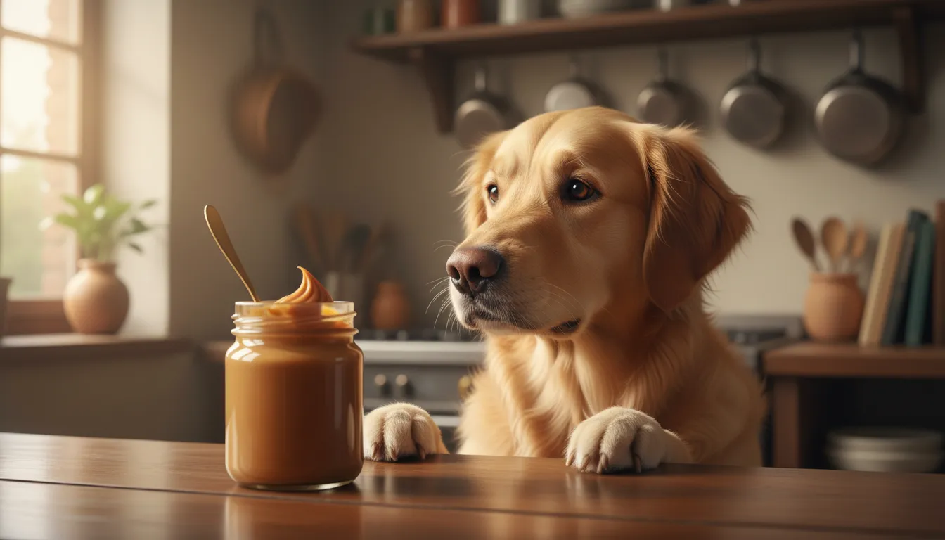 Cachorro da raça golden retriever olhando para um pote de doce de leite com expressão de curiosidade e desejo.