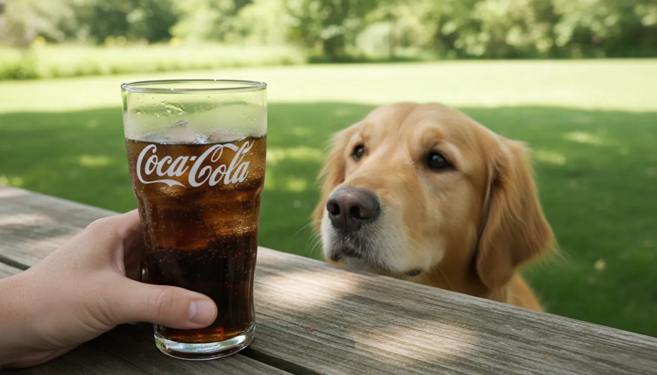 Cachorro da raça Golden Retriever olhando curiosamente para um copo de Coca Cola em uma mesa de piquenique, com um tutor observando ao fundo.
