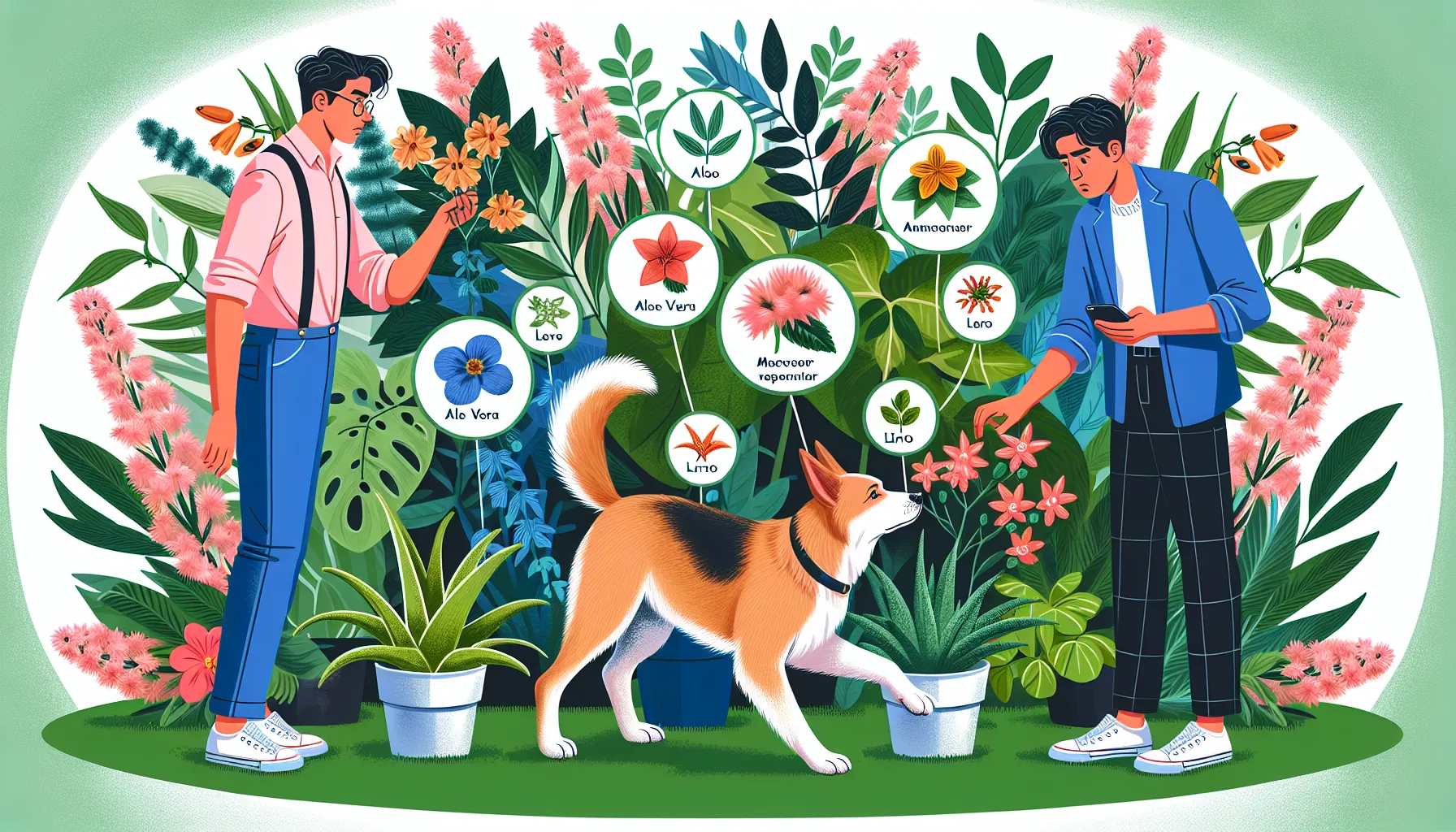 Ilustração de um cachorro curioso em um jardim, cercado por várias plantas, incluindo algumas seguras e outras tóxicas. O cachorro está cheirando uma planta, com um dono preocupado próximo segurando um celular, pronto para ligar para o veterinário. A imagem inclui rótulos em plantas específicas como 'Babosa' e 'Lírio' para indicar sua toxicidade. O fundo mostra uma mistura de flores coloridas e vegetação, com um tom lúdico e informativo.