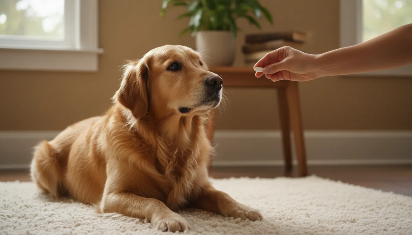 Cachorro da raça golden retriever deitado em um tapete, recebendo um comprimido de um tutor, ilustrando a importância da medicação segura com amoxicilina.