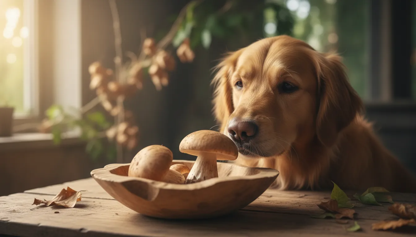 Cachorro golden retriever farejando um cogumelo champignon fresco em uma tigela de madeira.