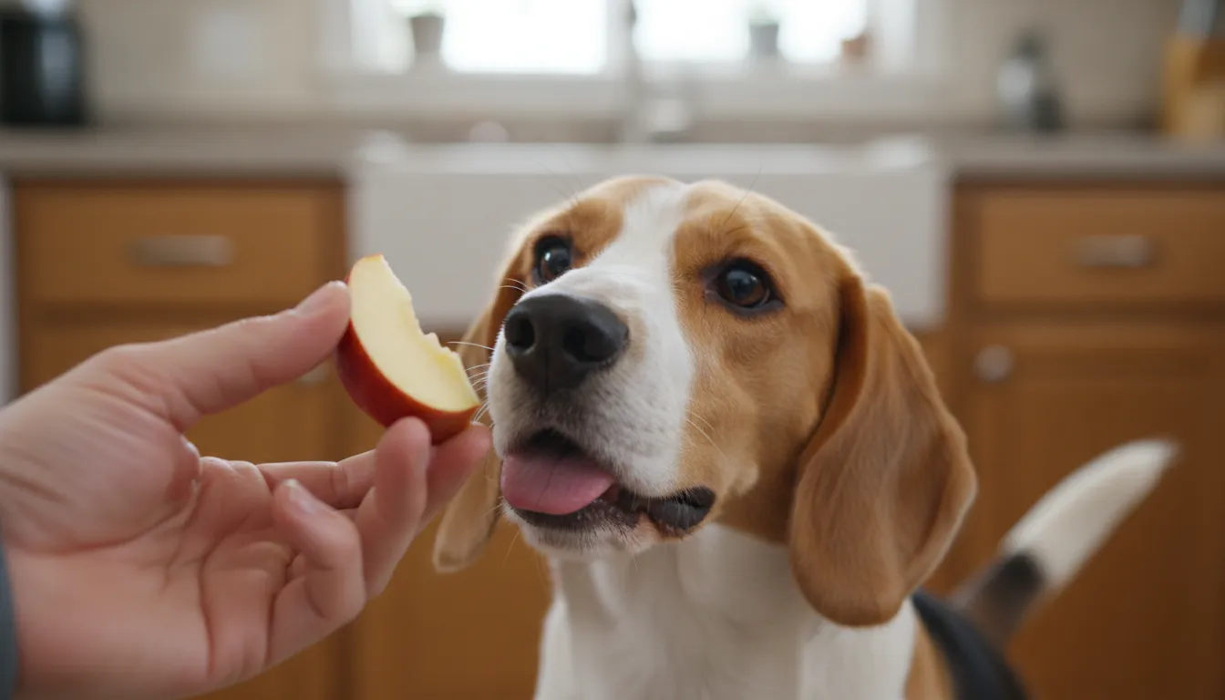 Um cachorro beagle feliz olhando para um pedaço de maçã na mão de seu tutor, com um fundo desfocado de cozinha.