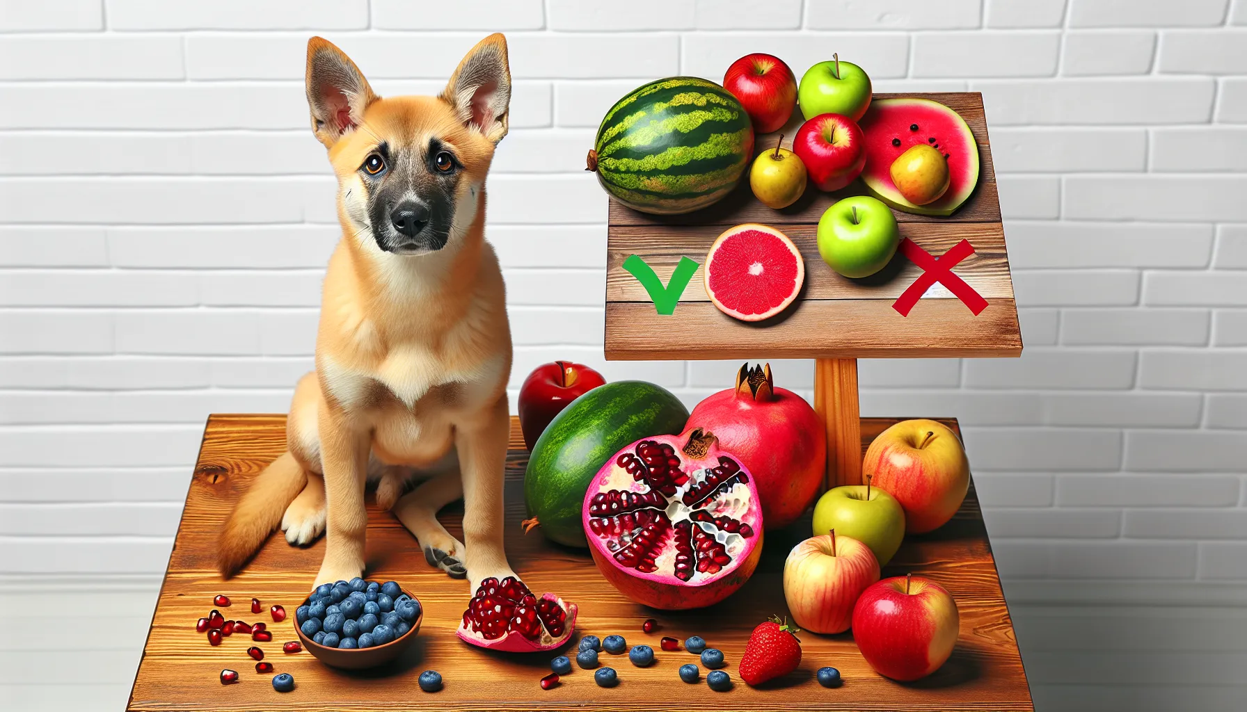 Cão curioso sentado ao lado de uma mesa com uma romã fatiada, mostrando as sementes vermelhas suculentas e a casca grossa. Outros frutos como maçãs, mirtilos e melancia estão ao fundo. A cena é informativa e visualmente atraente, destacando o que pode e o que não pode ser oferecido aos cachorros.