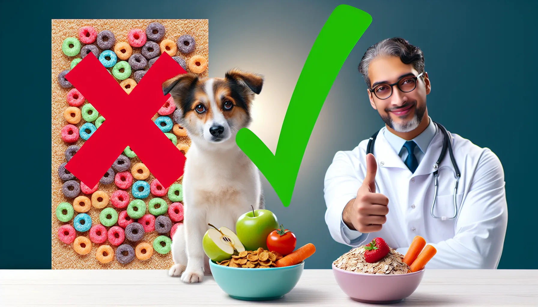 Ilustração mostrando um cachorro olhando para uma tigela de cereal açucarado (sucrilhos) com um X vermelho em cima, e ao lado, uma tigela com alternativas saudáveis como aveia, cenouras e maçãs com um tique verde. Inclui um veterinário amigável dando um joinha para as opções saudáveis.