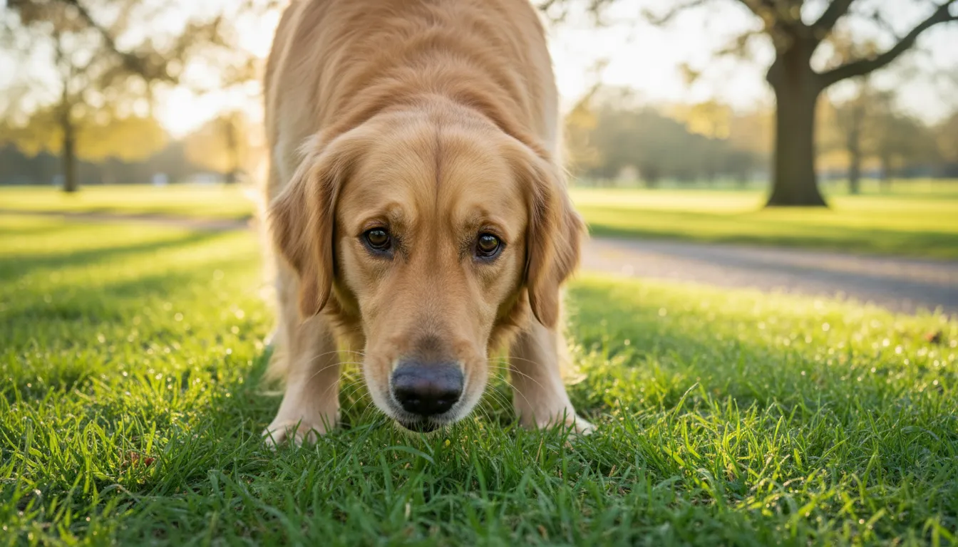 Cachorro da raça golden retriever comendo capim verde em um gramado ensolarado.