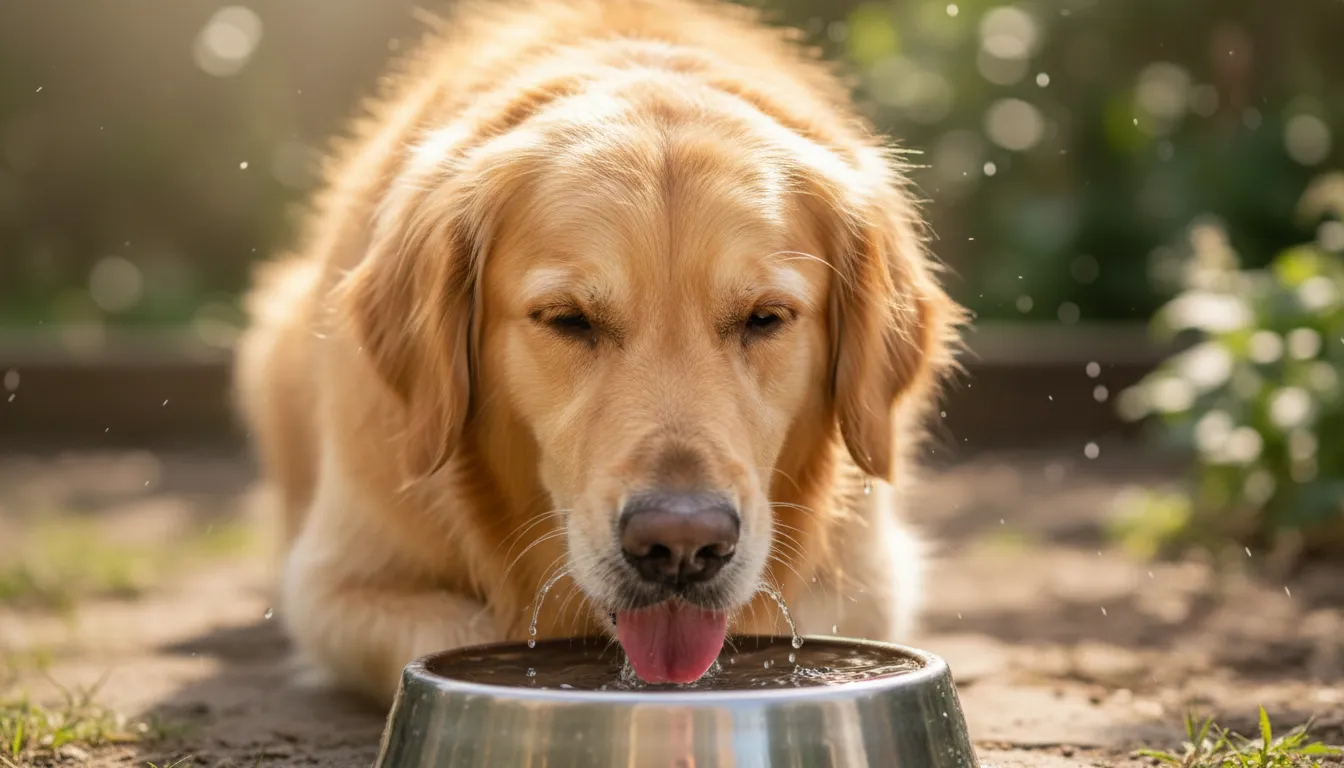 Cachorro da raça golden retriever bebendo água fresca em uma tigela de metal, com um leve brilho de sol em seu pelo, simbolizando a importância da hidratação para a saúde do cão e controle de sódio.