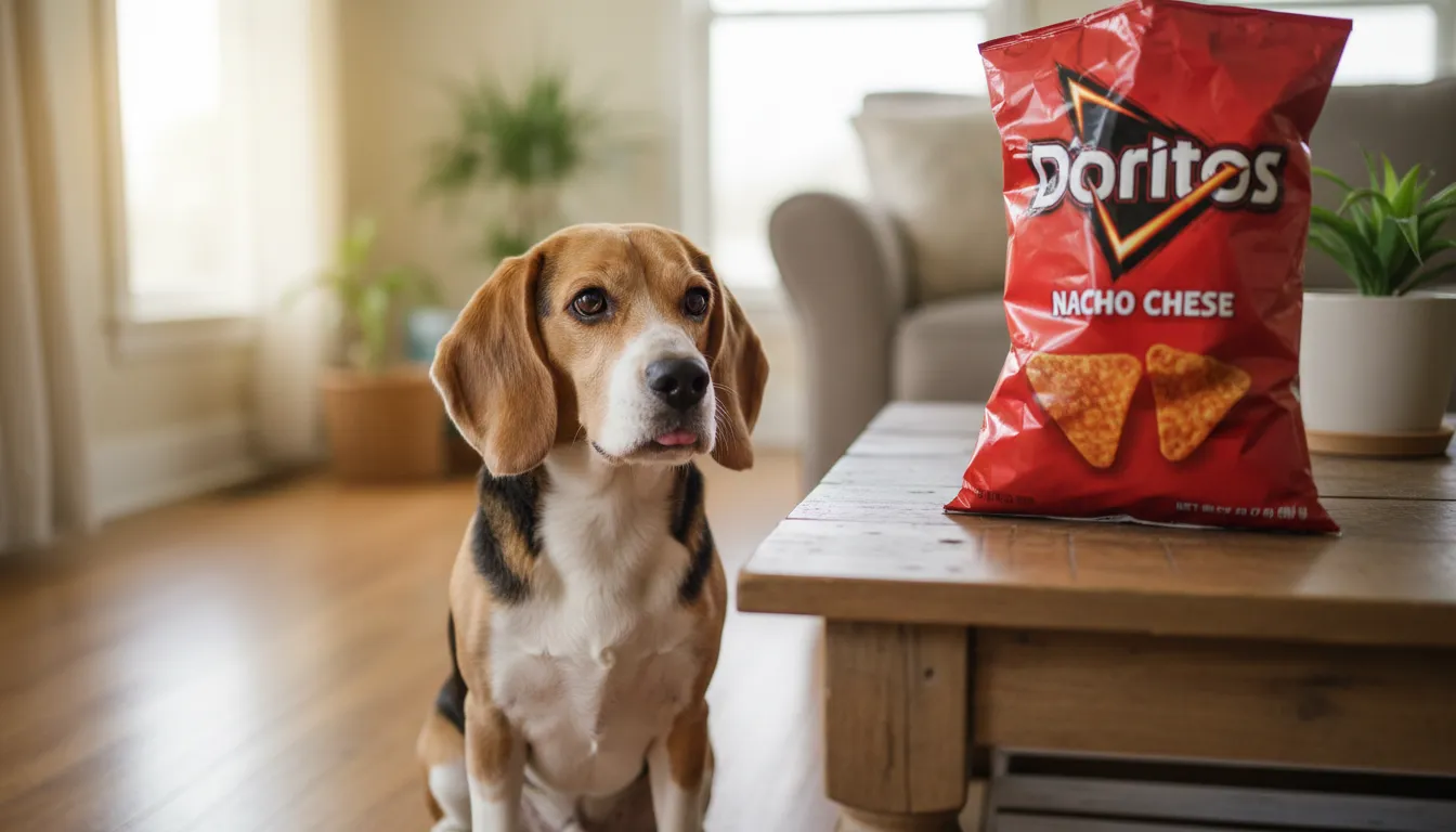 Um cachorro beagle olhando para um pacote de Doritos em uma mesa, com uma expressão curiosa e desejosa, mas sem tocar.