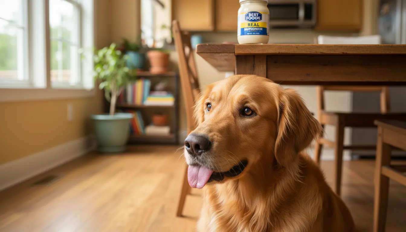 Um cachorro da raça golden retriever olhando curiosamente para um pote de maionese em uma mesa, com uma expressão de desejo.