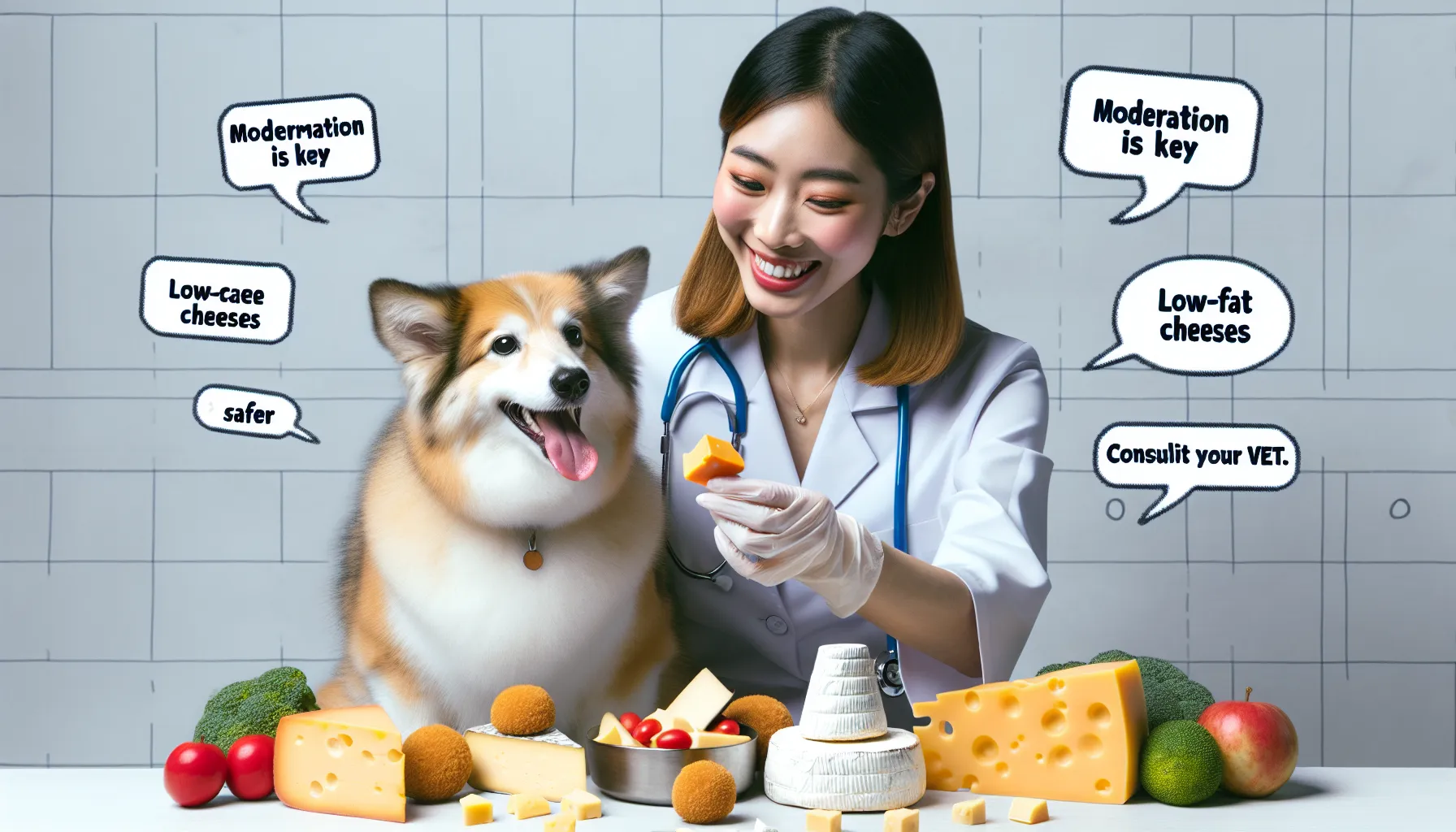 Ilustração de um cachorro feliz sentado ao lado de uma variedade de queijos, com um veterinário oferecendo um pequeno pedaço de queijo ao cachorro. Bolhas de texto destacam pontos importantes como "Moderação é essencial," "Queijos com baixo teor de gordura são mais seguros," e "Consulte seu veterinário."