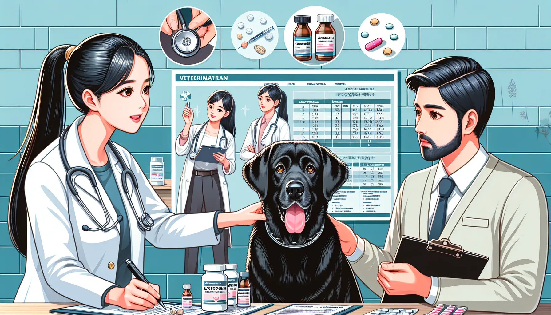 Ilustração detalhada de um veterinário examinando um cachorro em um ambiente clínico, com vários medicamentos e gráficos médicos ao fundo. O veterinário está explicando ao dono do cachorro sobre a administração segura de azitromicina e outros medicamentos. Elementos visuais incluem um gráfico de dosagem, um dono de pet preocupado e um cachorro saudável e feliz, destacando a importância do cuidado veterinário profissional ao tratar animais com medicamentos humanos.