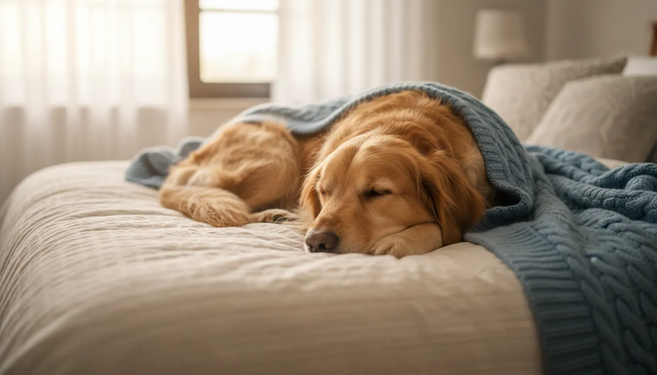 Cachorro da raça golden retriever dormindo tranquilamente na cama ao lado de um cobertor macio, transmitindo conforto e segurança.
