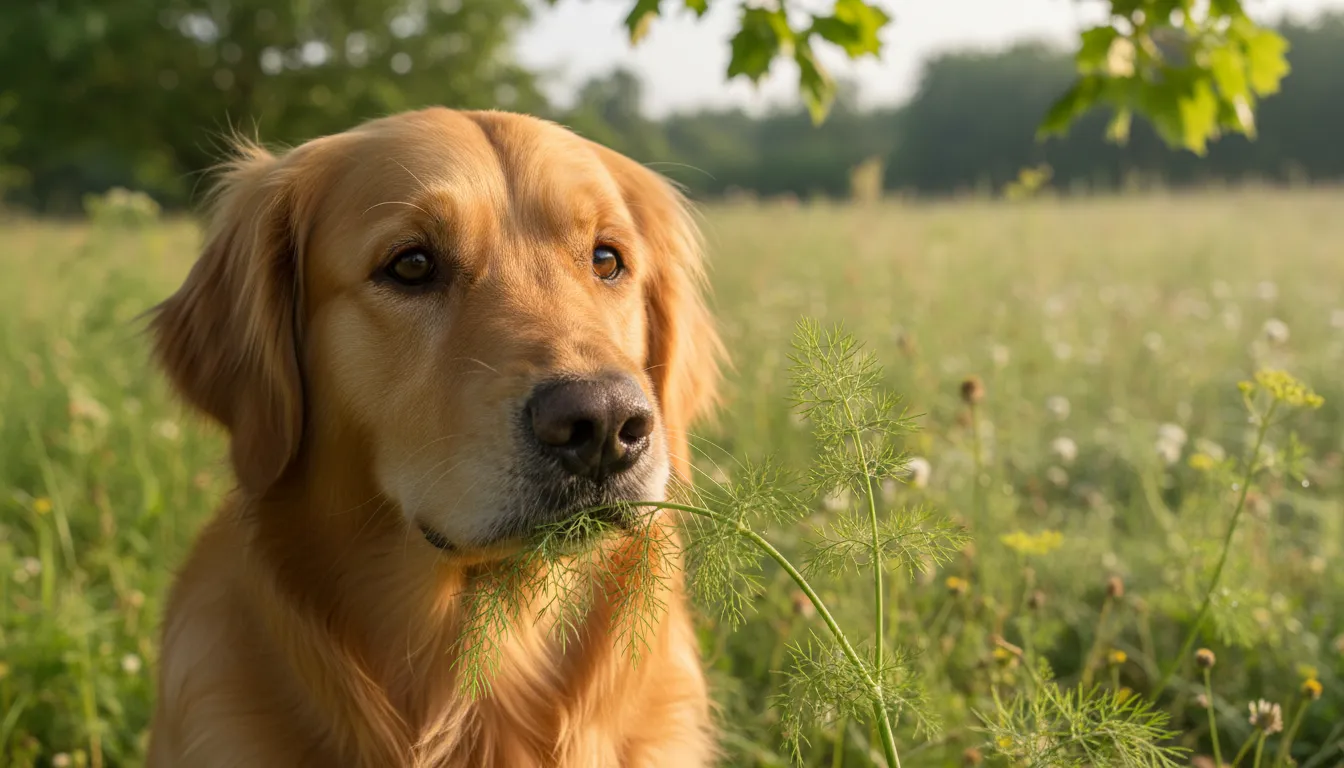Cachorro golden retriever cheirando ramos de erva doce fresca com curiosidade e segurança.