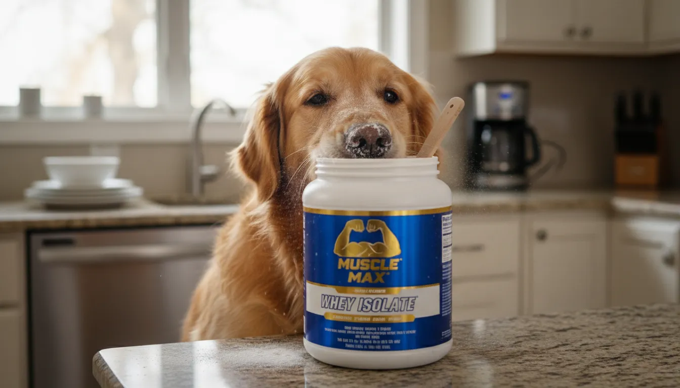 Um cachorro da raça Golden Retriever olhando curiosamente para um pote de whey protein em uma bancada de cozinha, com a luz suave da manhã.