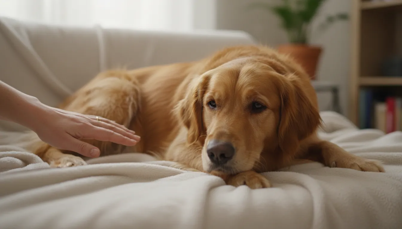 Cachorro com barulho na barriga e diarreia, mostrando um cão deitado de forma desconfortável com a mão de um tutor em sua barriga