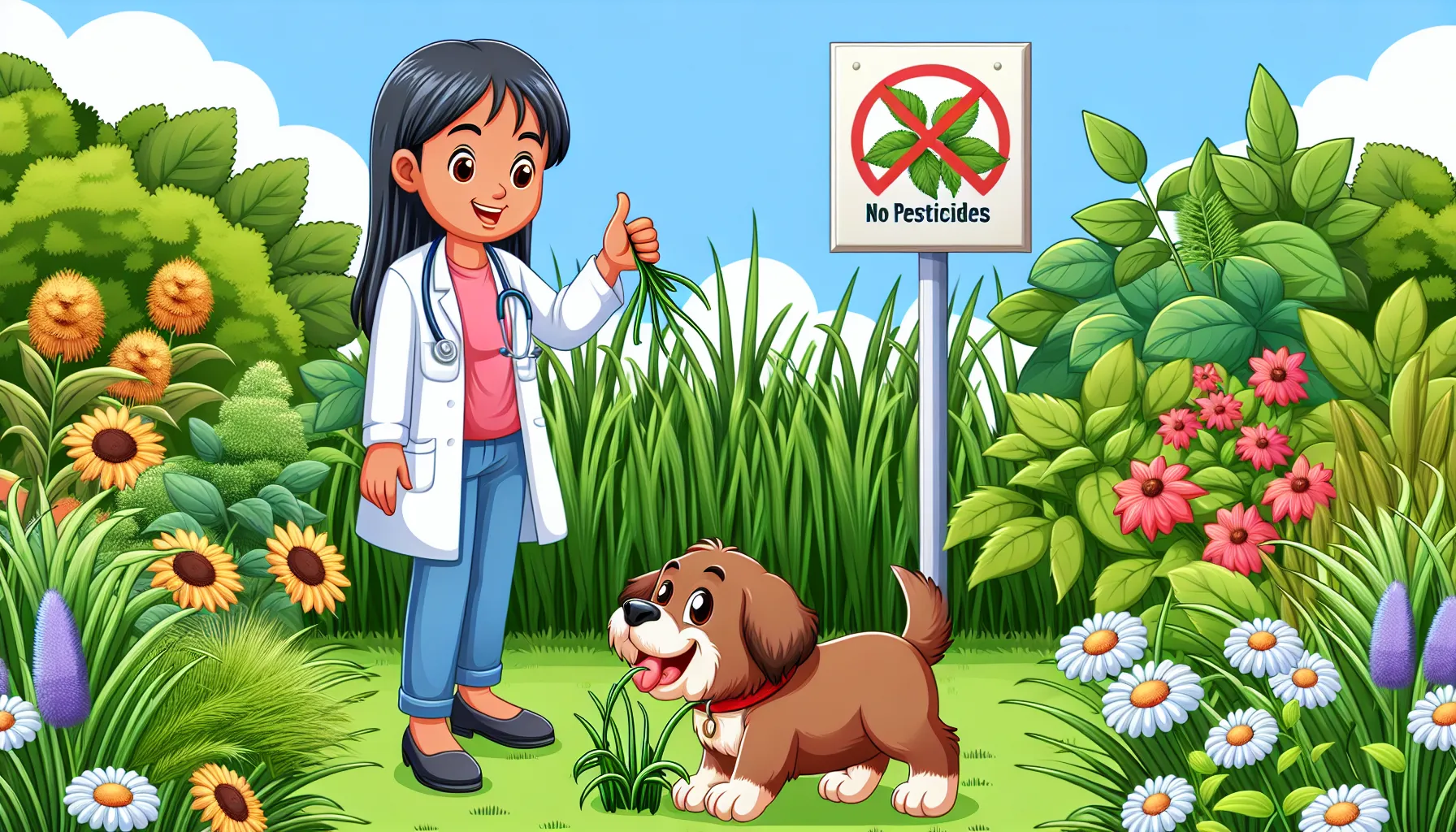 Ilustração de um cachorro feliz em uma área gramada e segura, mordiscando um pouco de grama. Ao fundo, há uma placa clara indicando "Sem Pesticidas" e uma variedade de plantas não tóxicas ao redor. Um veterinário amigável observa a cena, fazendo um sinal de positivo com o polegar, indicando que o comportamento é normal e seguro.