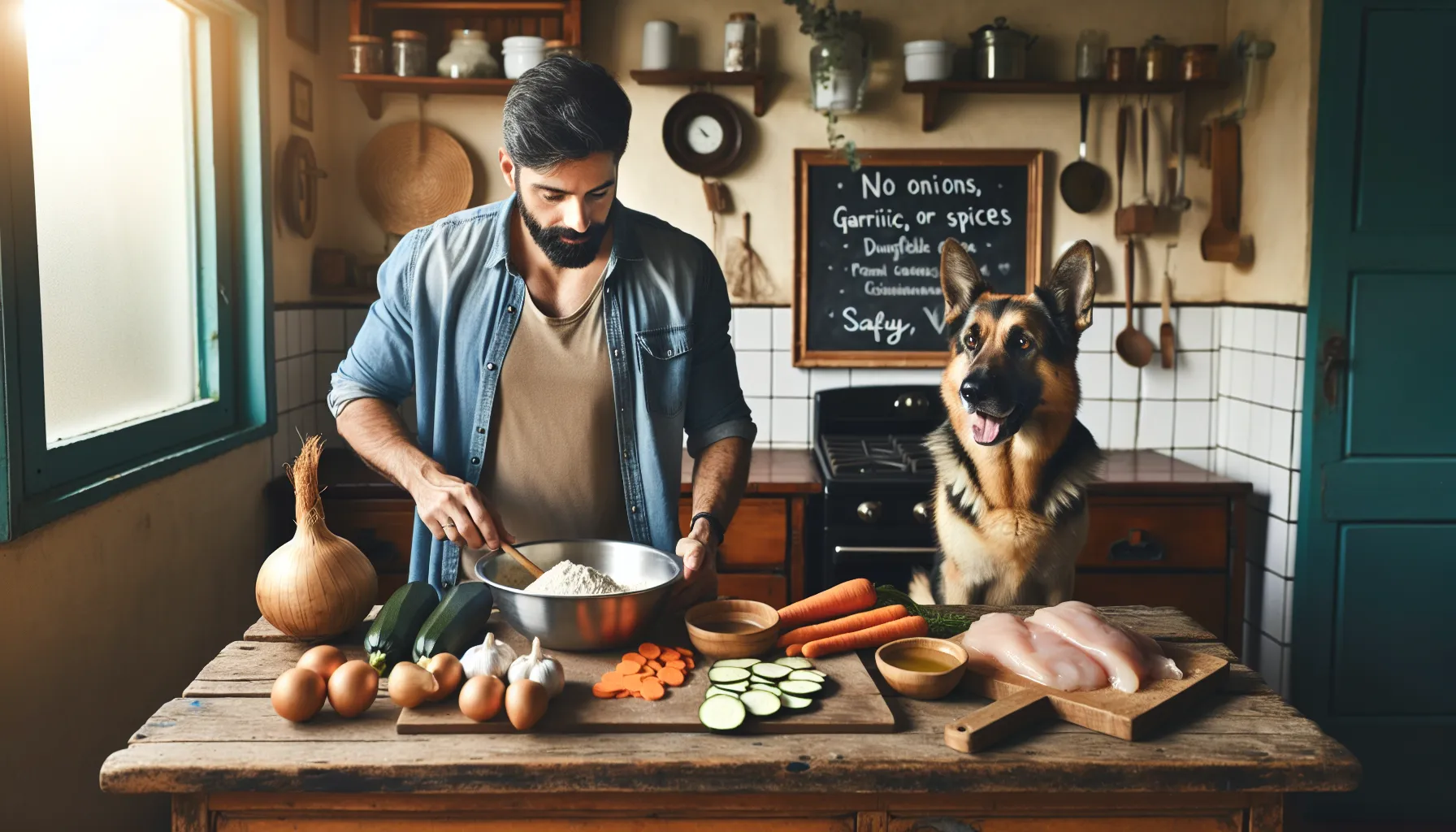 Um dono de animal de estimação preocupado está preparando uma versão segura e saudável de farofa para seu cachorro em uma cozinha aconchegante. Os ingredientes incluem farinha de mandioca pura, cenouras raladas, peito de frango cozido e abobrinha, todos dispostos em um balcão de madeira. O cachorro, de aparência feliz e saudável, está sentado próximo, observando ansiosamente a preparação. A cozinha é quente e acolhedora, com a luz do sol entrando pela janela, destacando os ingredientes naturais e seguros. Uma pequena lousa ao fundo lista 'Sem cebolas, alho ou temperos' como lembrete.